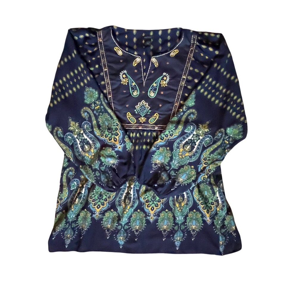 Westbound Womens XL Boho Embroidered V-Neck Pullover Blouse  Navy/Green Sequins - Picture 3 of 15